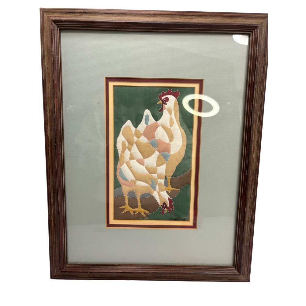 Vintage Woodrome Fabric Applique Rooster Hen Textile Art Framed Farmhouse Decor